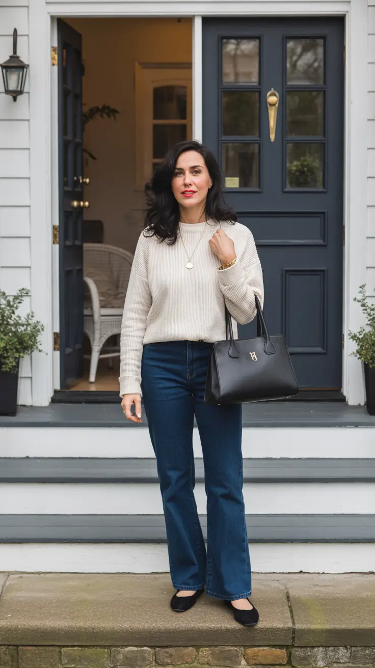 Elegant outfits for women over 40 in 2026 - Cream Knit and Dark Bootcut Denim