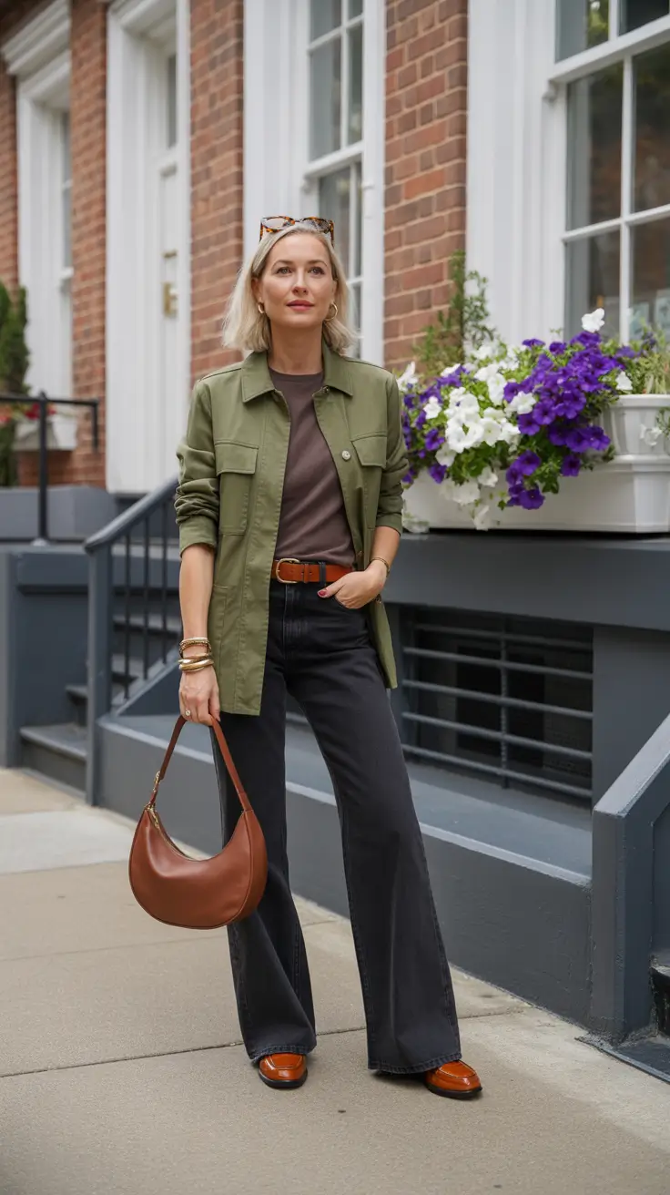 Elegant outfits for women over 40 in 2026 - Olive Utility Shirt With Wide Legs