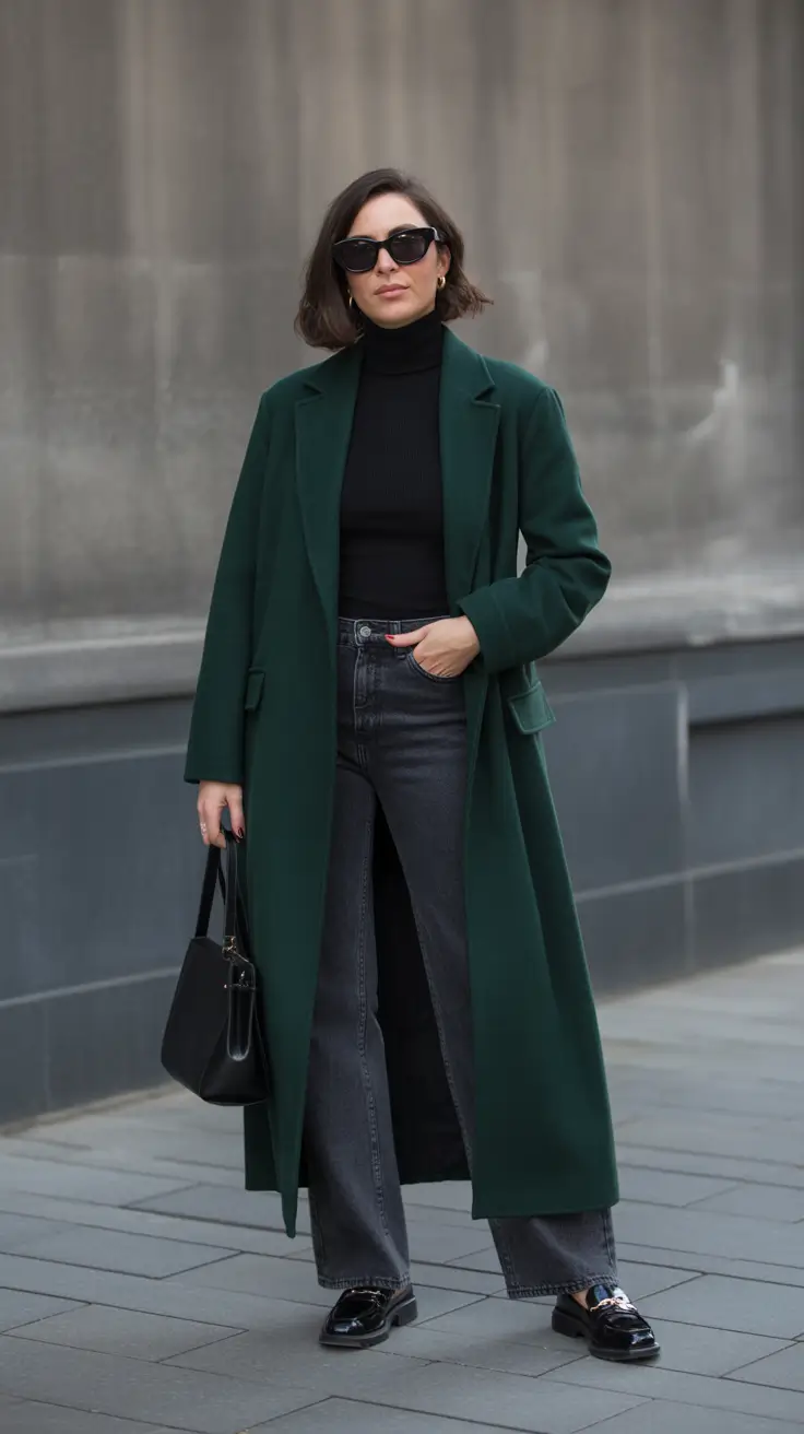 Elegant outfits for women over 40 in 2026 - Deep-Green Coat with Black Base