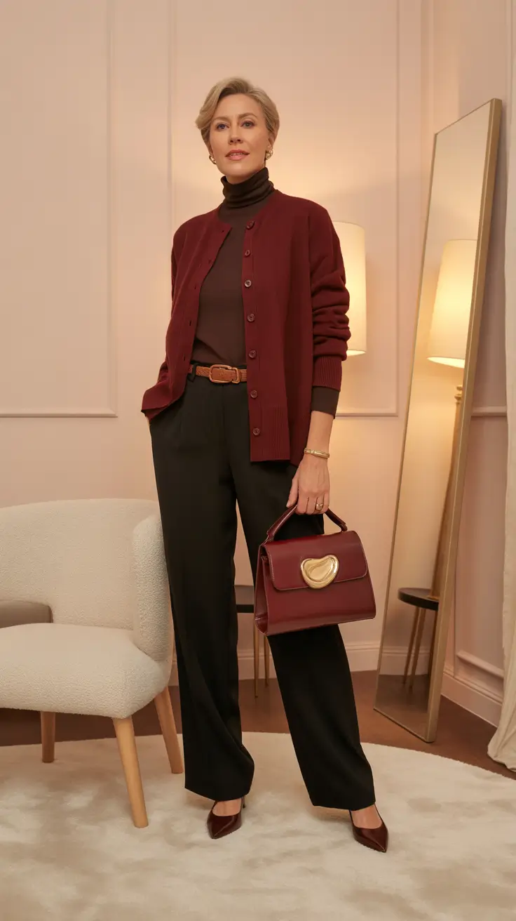 Elegant outfits for women over 40 in 2026 - Burgundy Cardigan Power Pairing