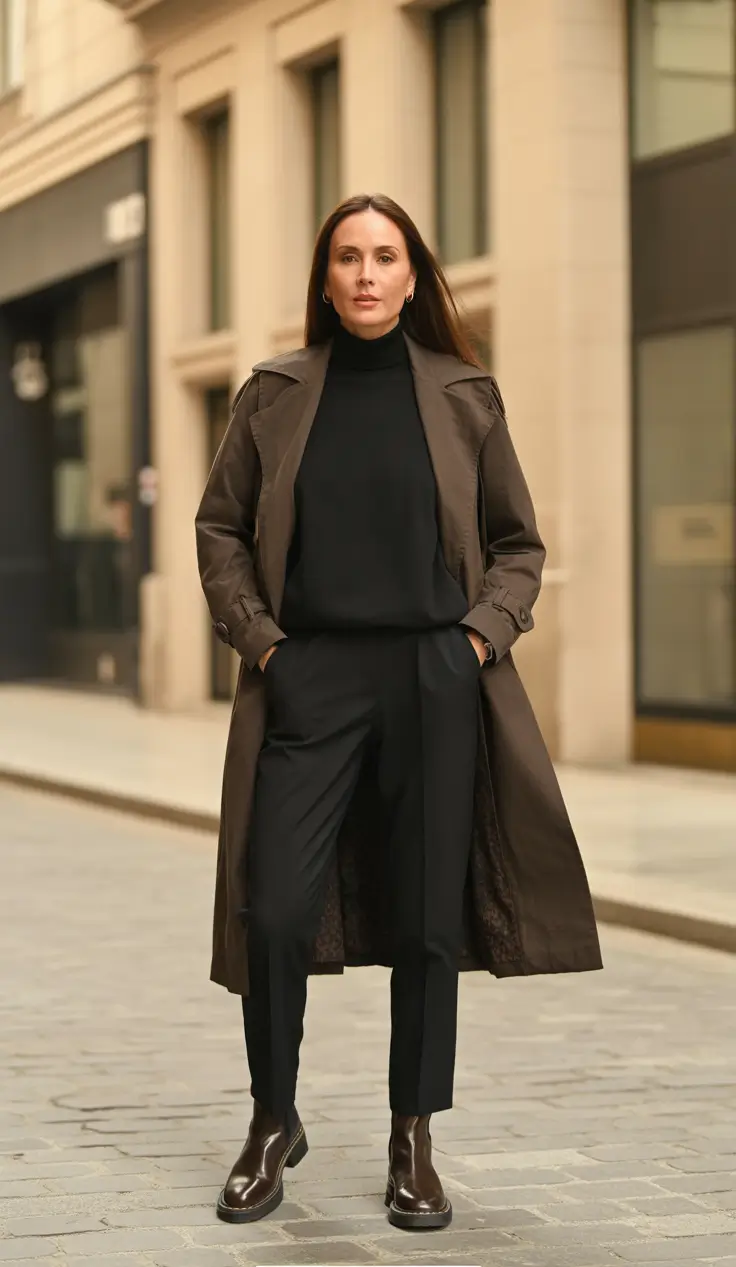 Elegant outfits for women over 40 in 2026 - Cocoa Trench Monochrome