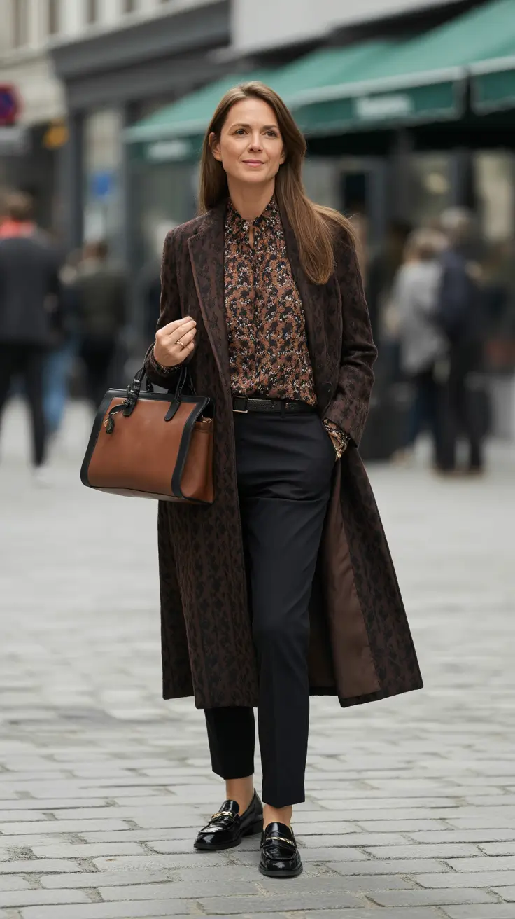 Elegant outfits for women over 40 in 2026 - Brown Pattern Coat with Floral Blouse