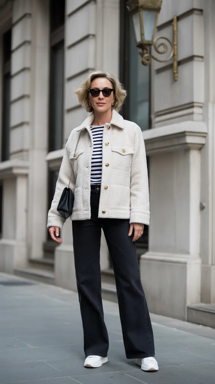 Elegant outfits for women over 40 in 2026 - Cream Boucle Jacket with Breton Stripe