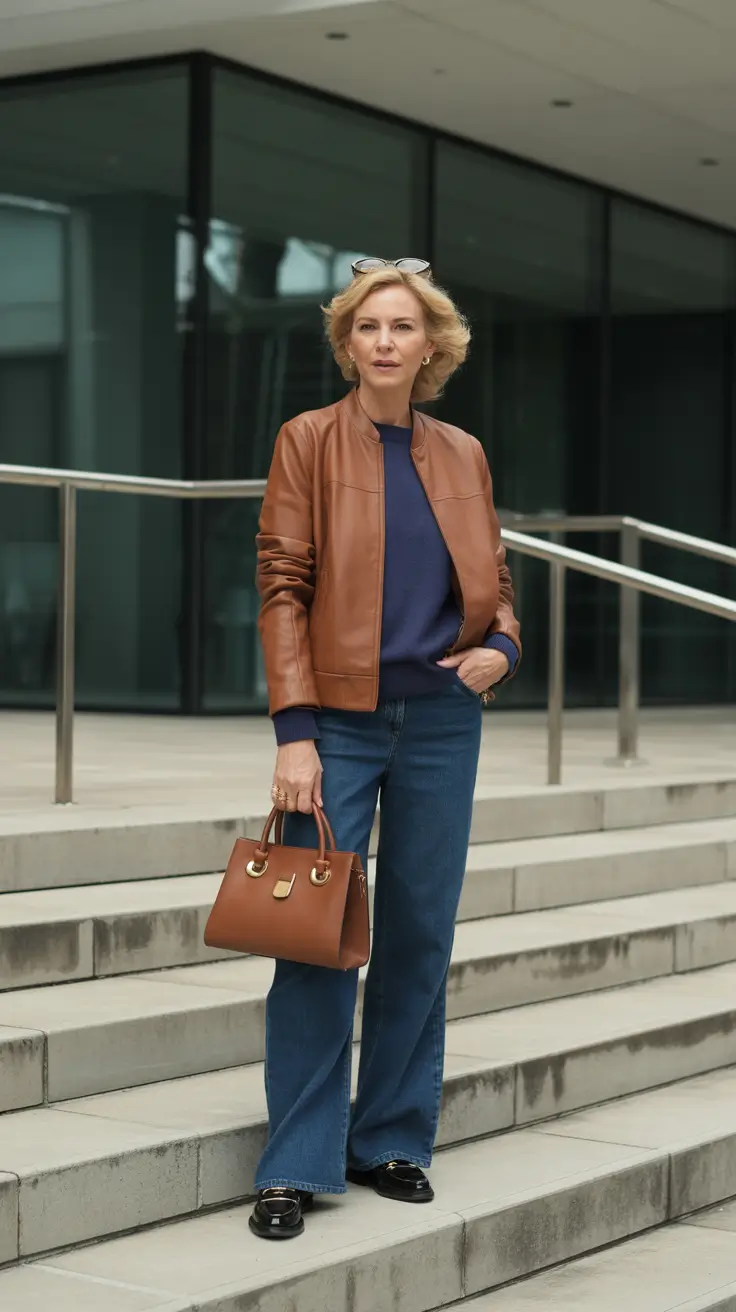 Elegant outfits for women over 40 in 2026 - Tan Leather Bomber with Navy Knit