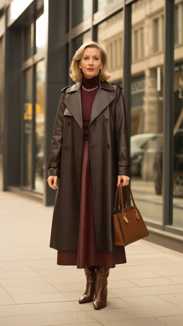 Elegant outfits for women over 40 in 2026 - Chocolate Trench With Bordeaux Layers