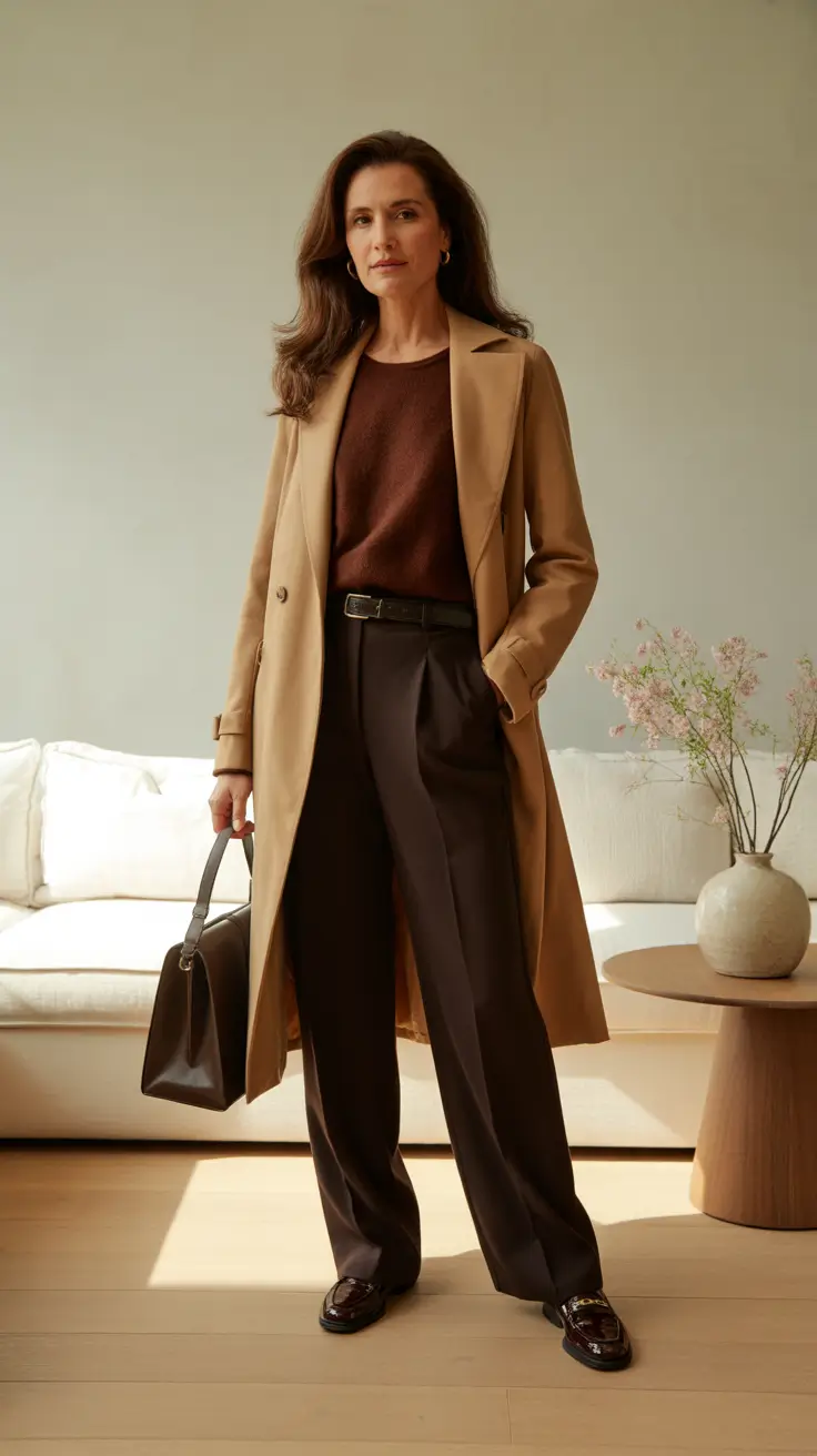 Elegant outfits for women over 40 in 2026 - Camel Coat, Dark Trousers, Coffee-Tone Knit