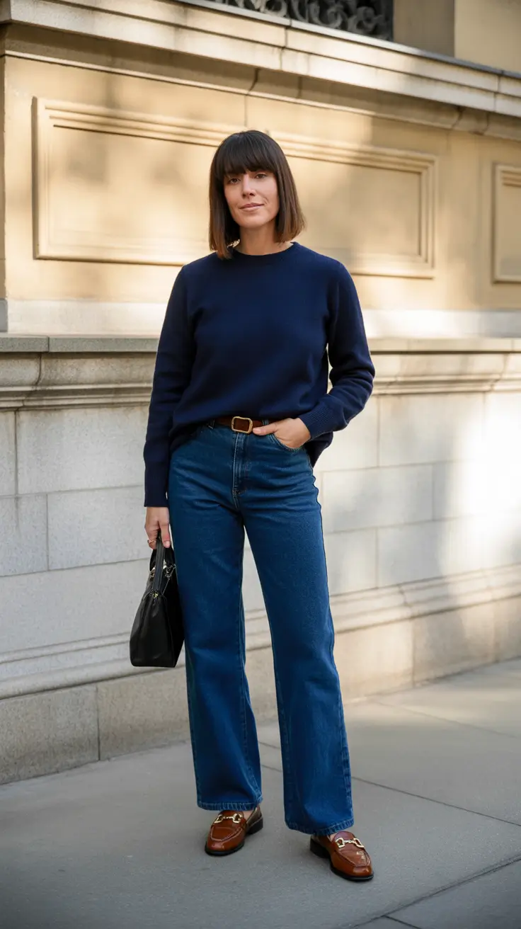 Elegant outfits for women over 40 in 2026 - Navy Knit With Straight Jeans and Chestnut Loafers