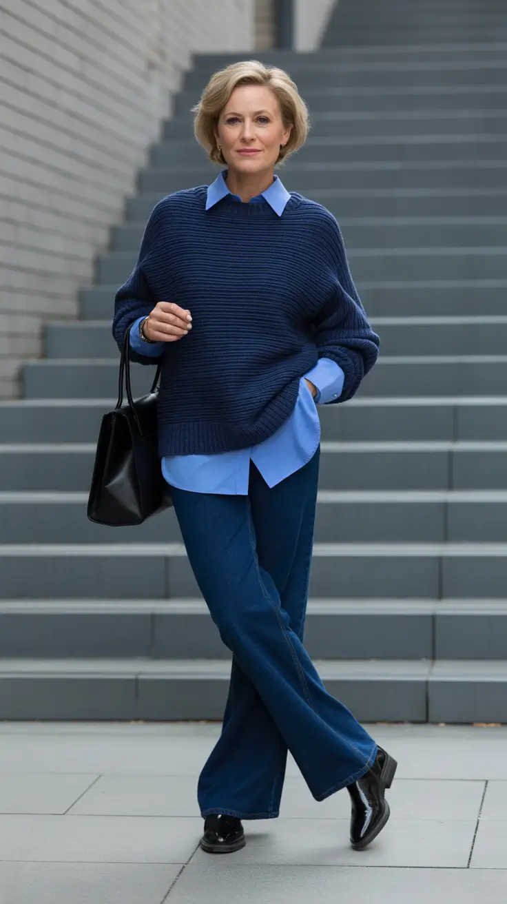 Chic outfits for women over 50 in 2026 - Navy-on-Blue Layers That Feel Fresh