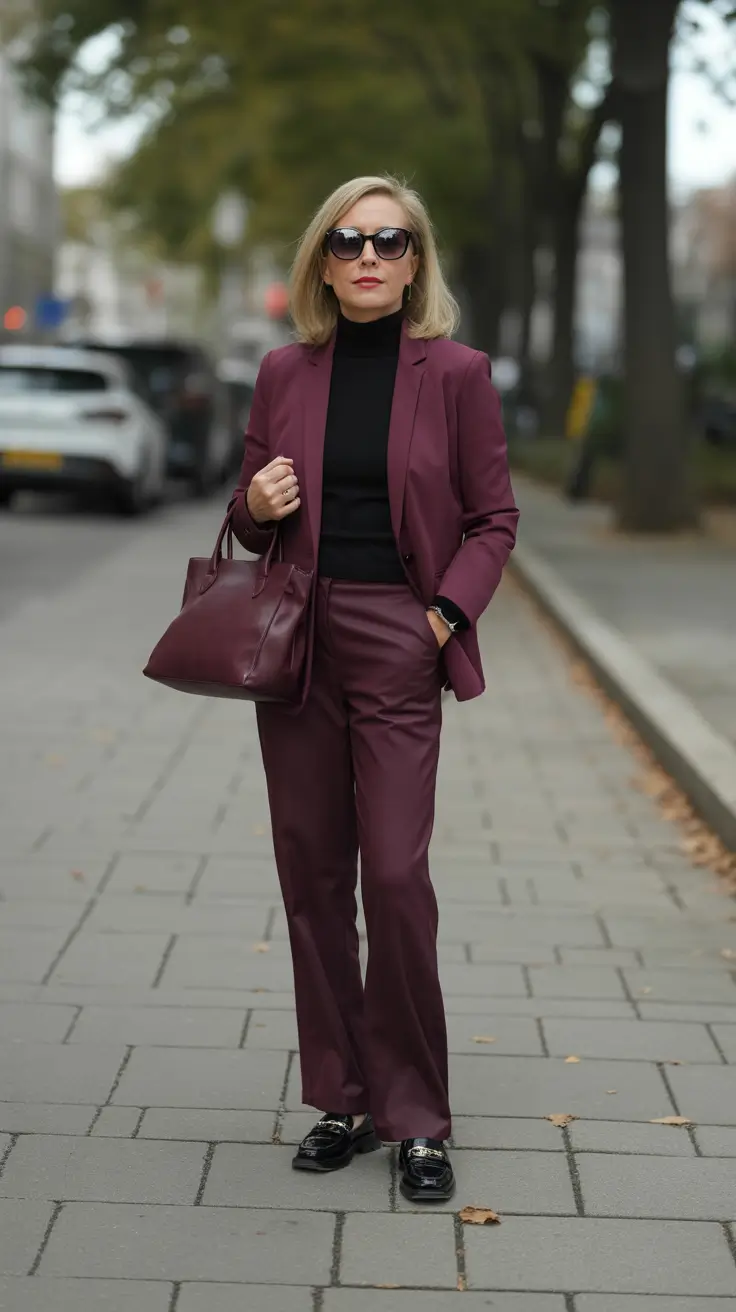 Chic outfits for women over 50 in 2026 - Wine-Toned Suit With Modern Confidence