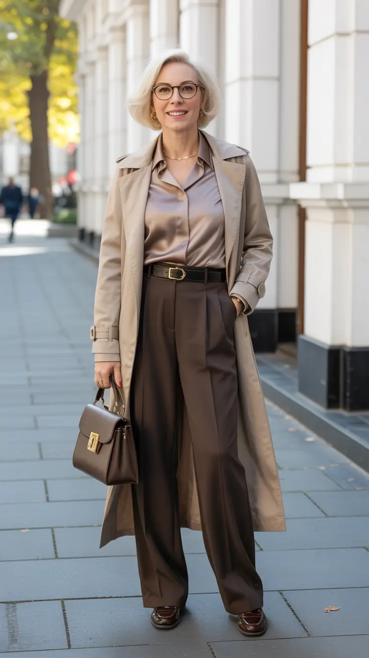 Chic outfits for women over 50 in 2026 - Trench, Satin, and Chocolate Tailoring