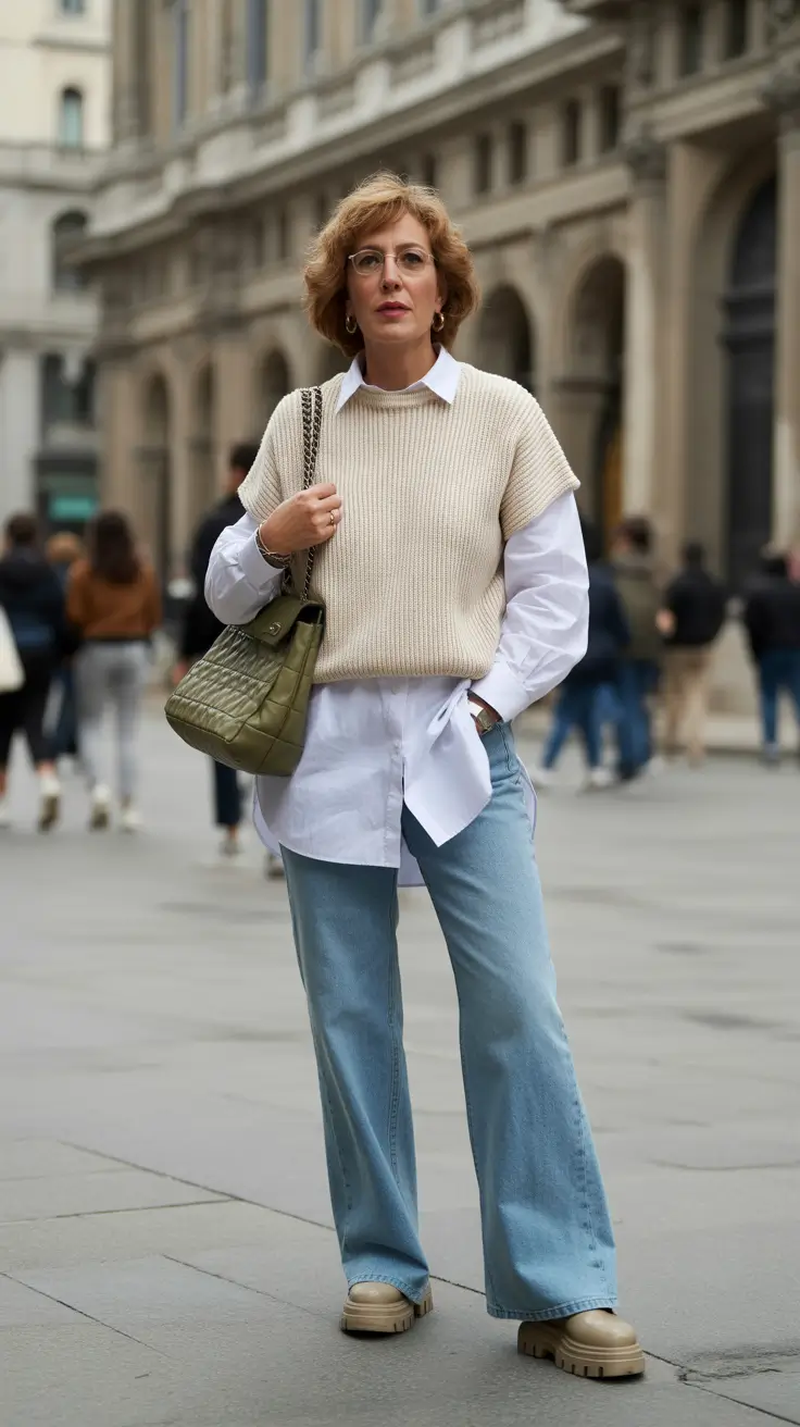 Chic outfits for women over 50 in 2026 - Soft Layers With a Vest and Light Denim