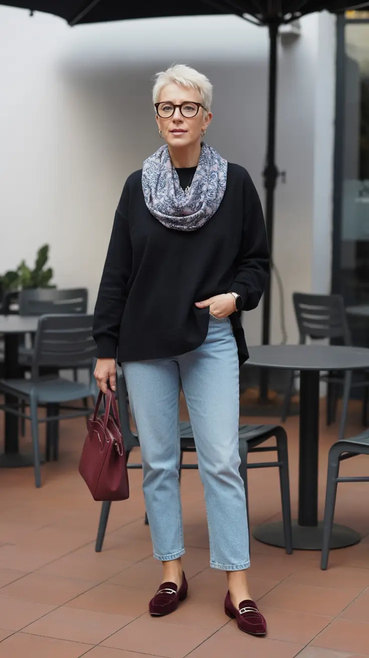 Chic outfits for women over 50 in 2026 - Easy Black Knit, Paisley Loop, and Berry Accents