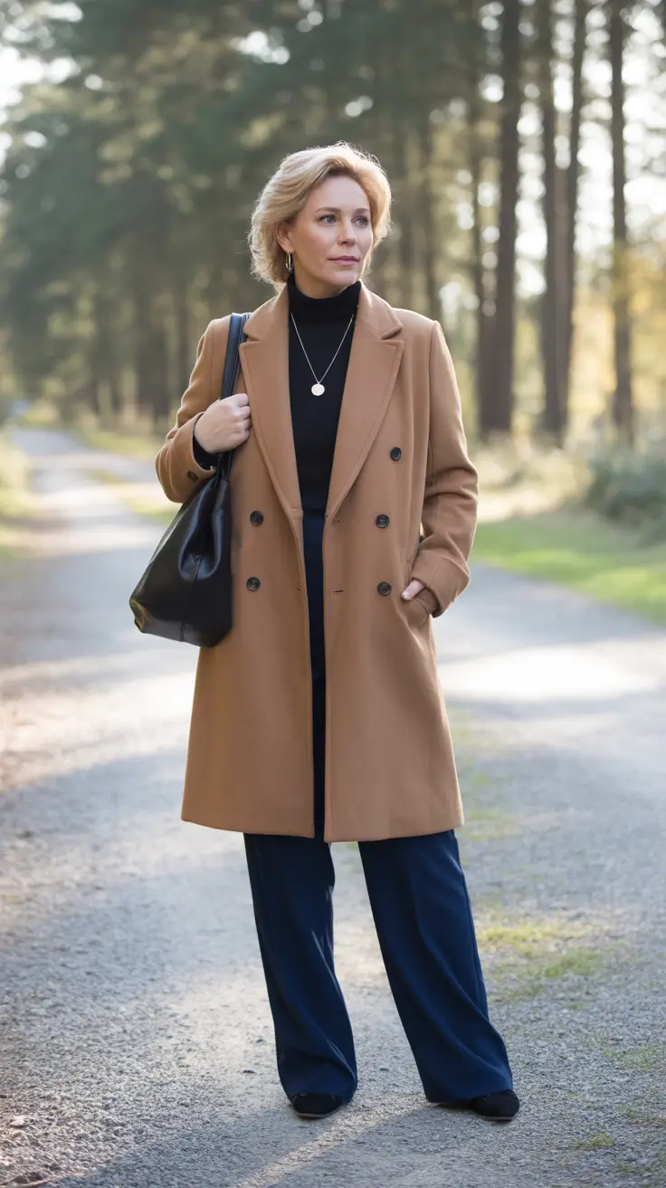 Chic outfits for women over 50 in 2026 - Camel Coat Over Black and Navy