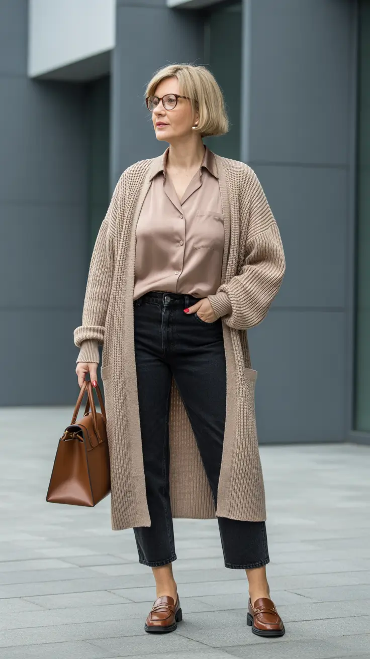 Chic outfits for women over 50 in 2026 - Satin Shirt and Long Knit - Neutrals That Glide