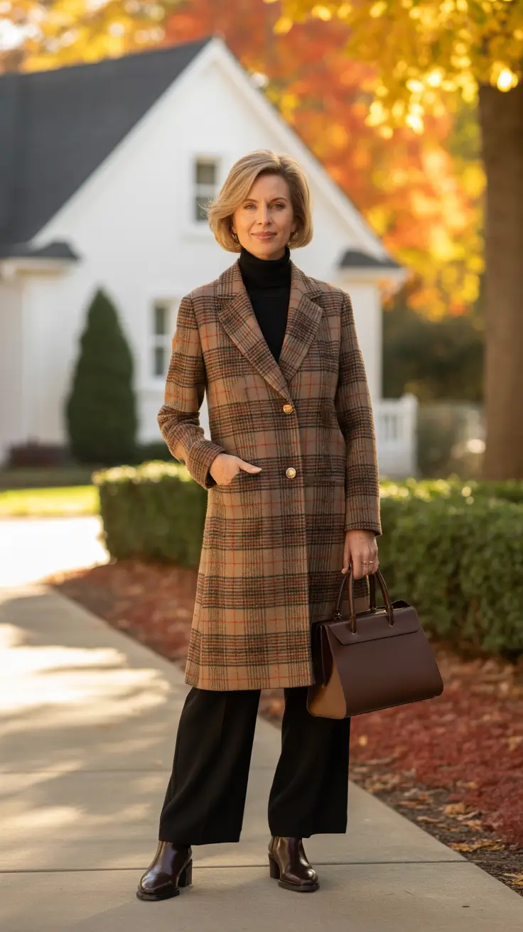 Chic outfits for women over 50 in 2026 - Checked Coat and Sleek Basics - The Fall Classic