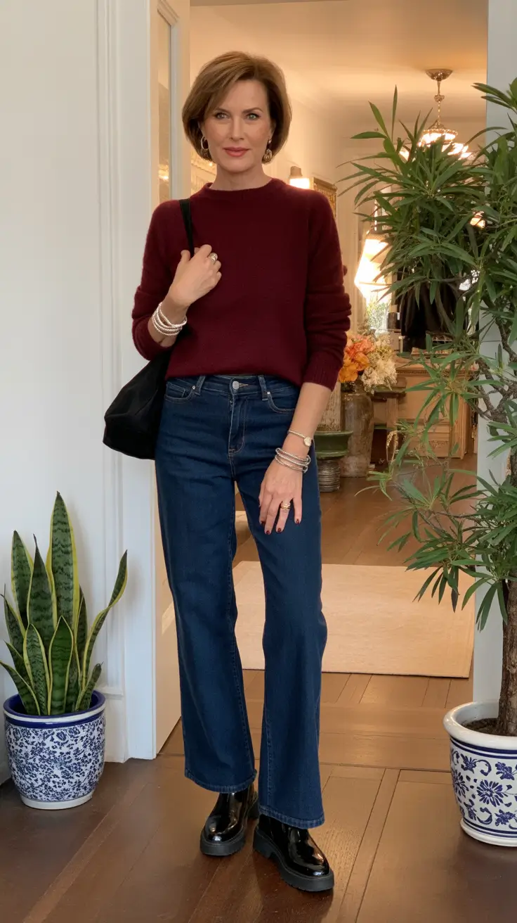 Chic outfits for women over 50 in 2026 - Merlot Knit and Dark Denim - Easy, Polished, Done
