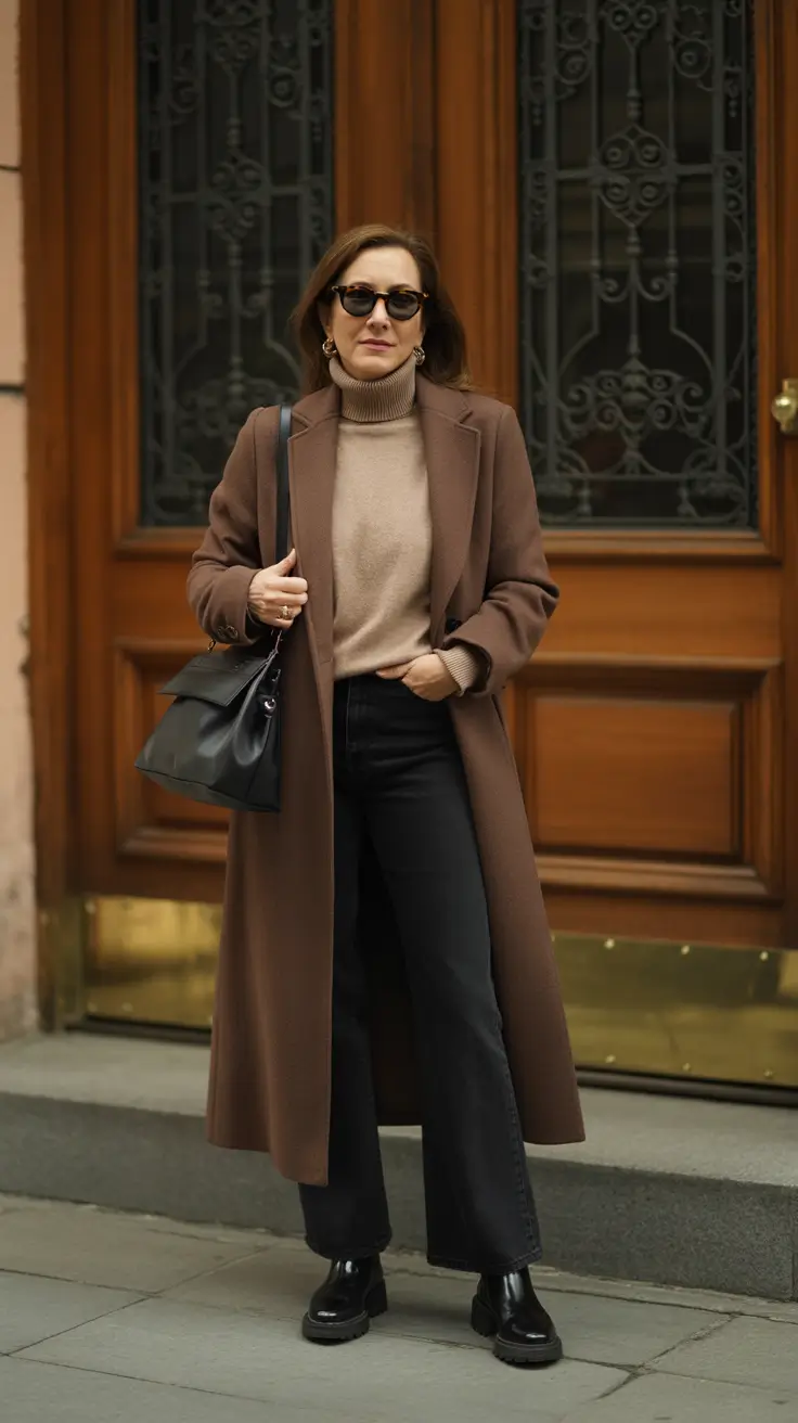 Chic outfits for women over 50 in 2026 - City Chocolate - Long Coat, Turtleneck, Strong Boots