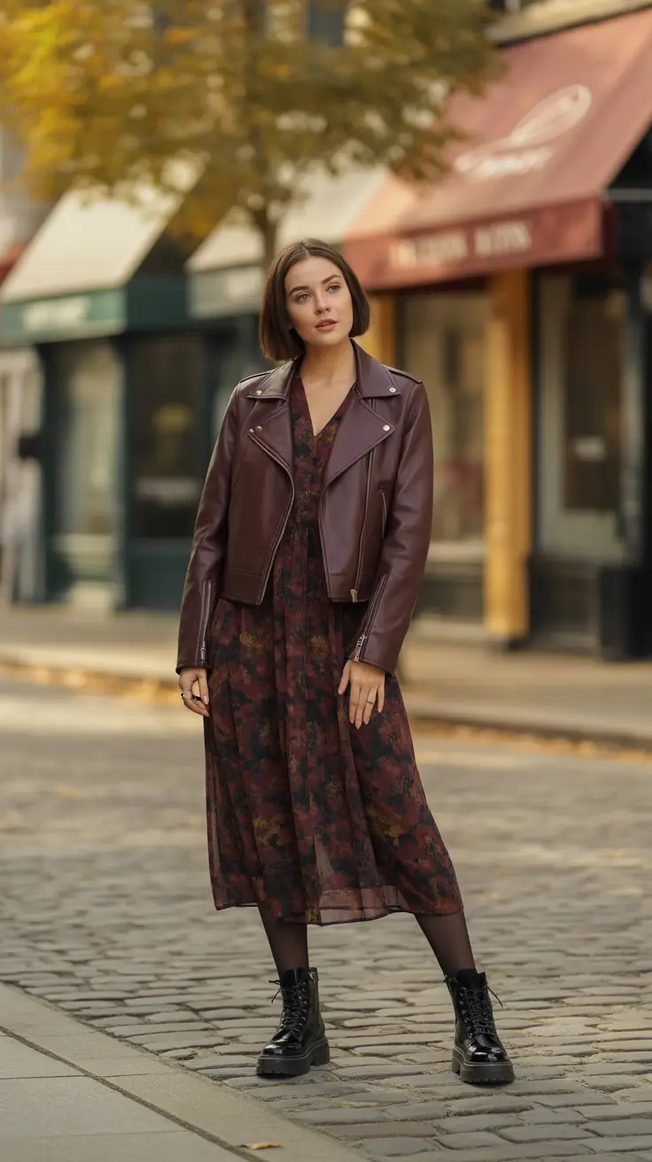 NEW outfit ideas 2026 - Burgundy Moto With Floating Midi