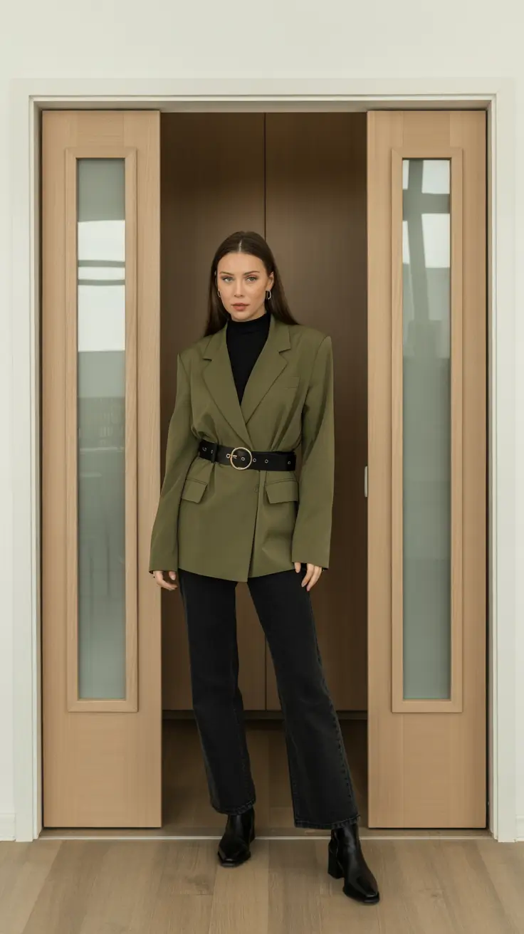 NEW outfit ideas 2026 - Olive Blazer Belted Over Black Basics