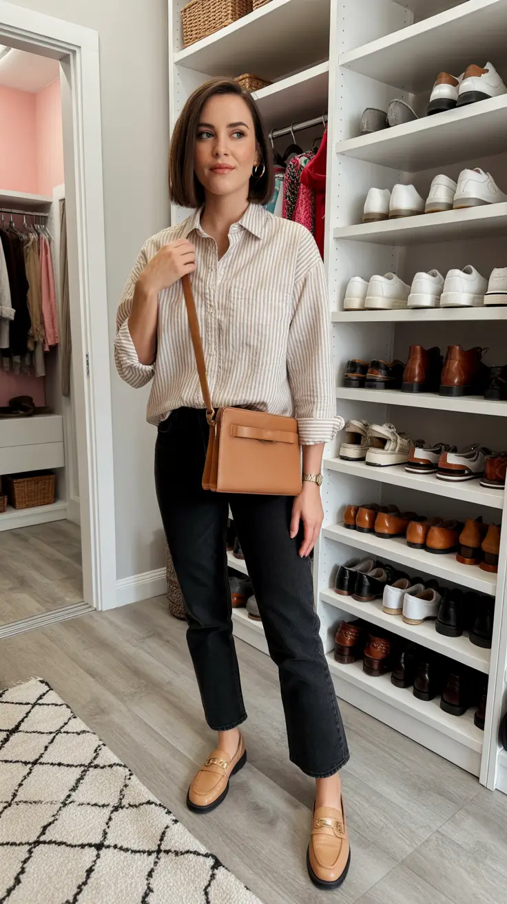 NEW outfit ideas 2026 - Striped Button-Down With Caramel Loafers