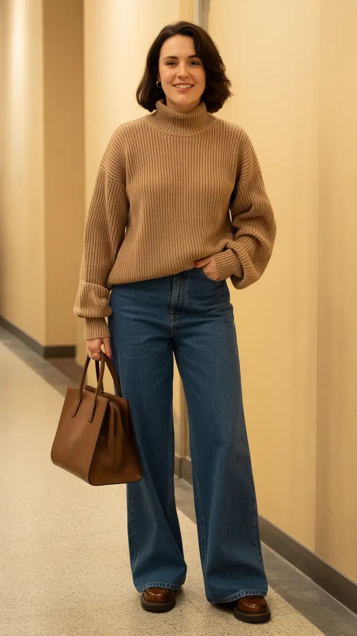 NEW outfit ideas 2026 - Camel Turtleneck With Wide-Leg Denim
