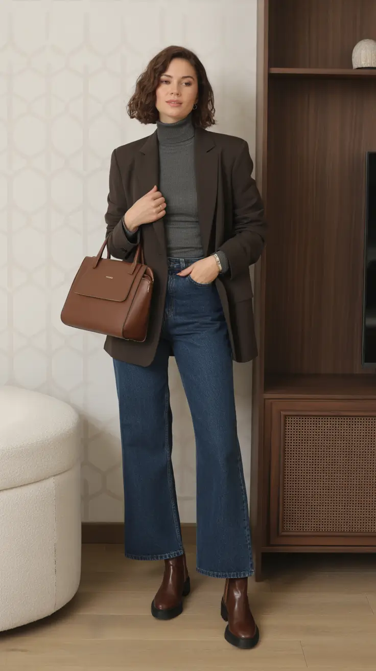 NEW outfit ideas 2026 - Turtleneck Blazer With Cropped Denim