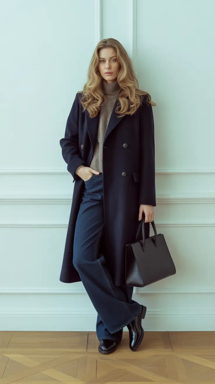 NEW outfit ideas 2026 - Navy Coat And Turtleneck Minimalism