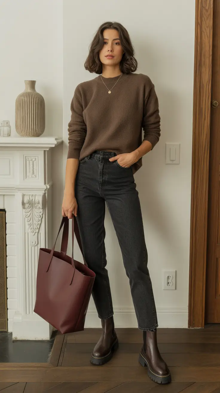 NEW outfit ideas 2026 - Coffee Sweater With Charcoal Denim
