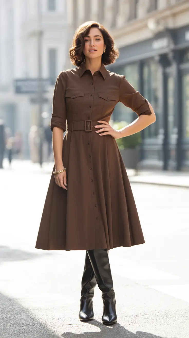 NEW outfit ideas 2026 - Cocoa Shirt Dress With Tall Boots