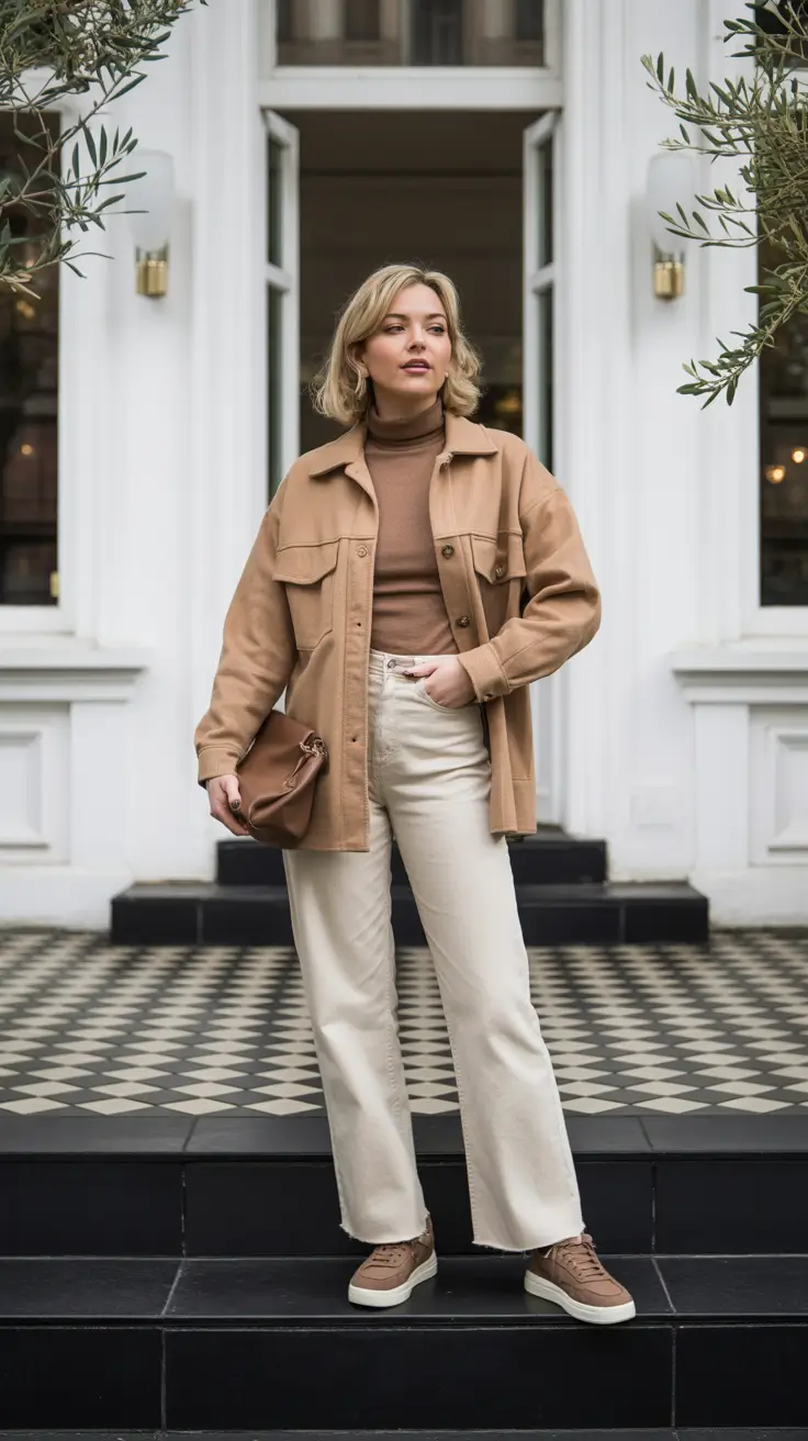 NEW outfit ideas 2026 - Camel Shacket And Cream Denim Balance