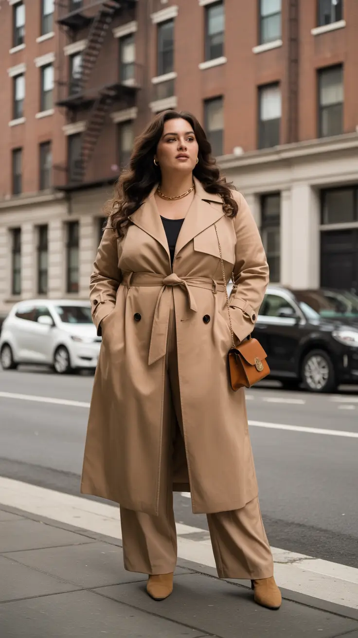 Plus-size outfits for women 2026 - City Trench Power Suit In Warm Camel