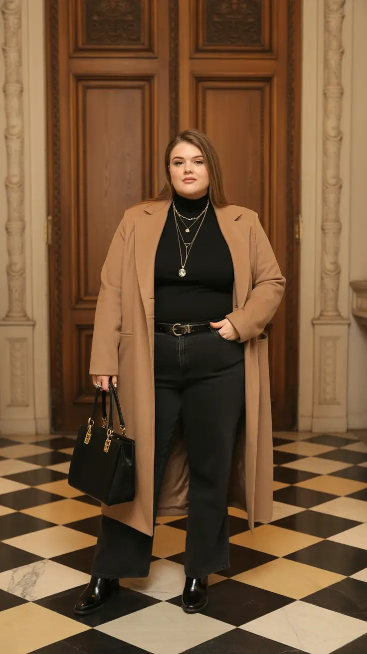 Plus-size Outfits For Women 2026 - Black Turtleneck, Camel Coat, And Layered Metals