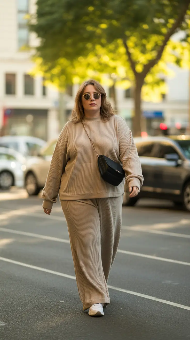 Plus-size outfits for women 2026 - Taupe Ribbed Set With Street Sneaker Ease