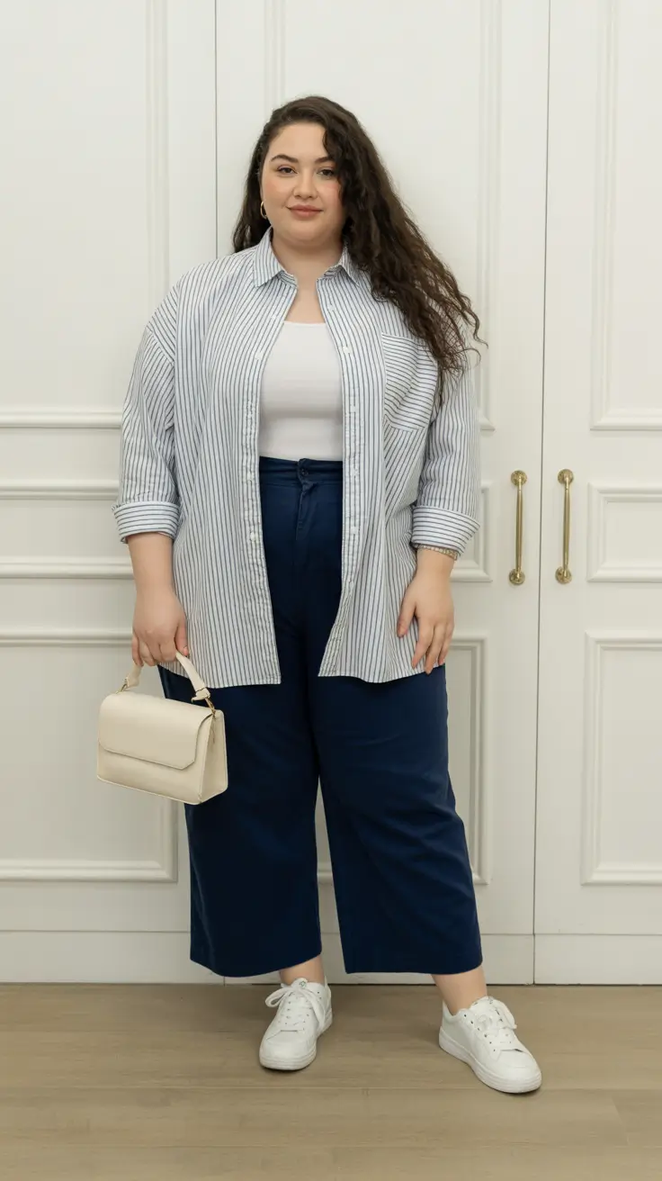 Plus-size outfits for women 2026 - Striped Button-Down And Navy Culottes Refresh
