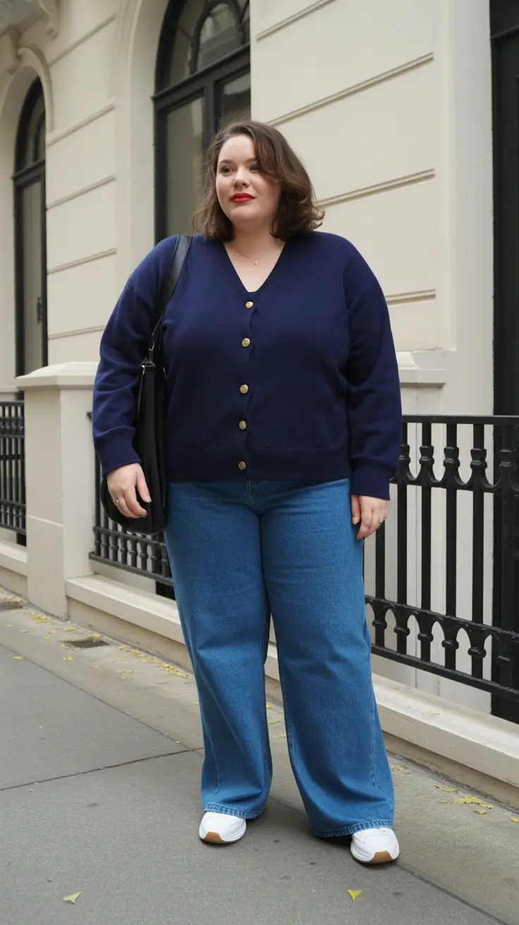 Plus-size outfits for women 2026 - Navy Cardigan And Relaxed Denim Classic