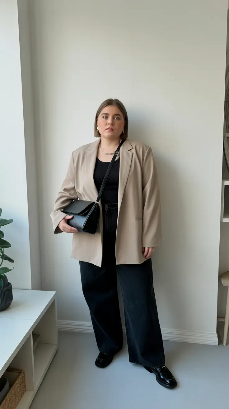 Plus-size outfits for women 2026 - Beige Blazer With Black Wide-Leg Denim