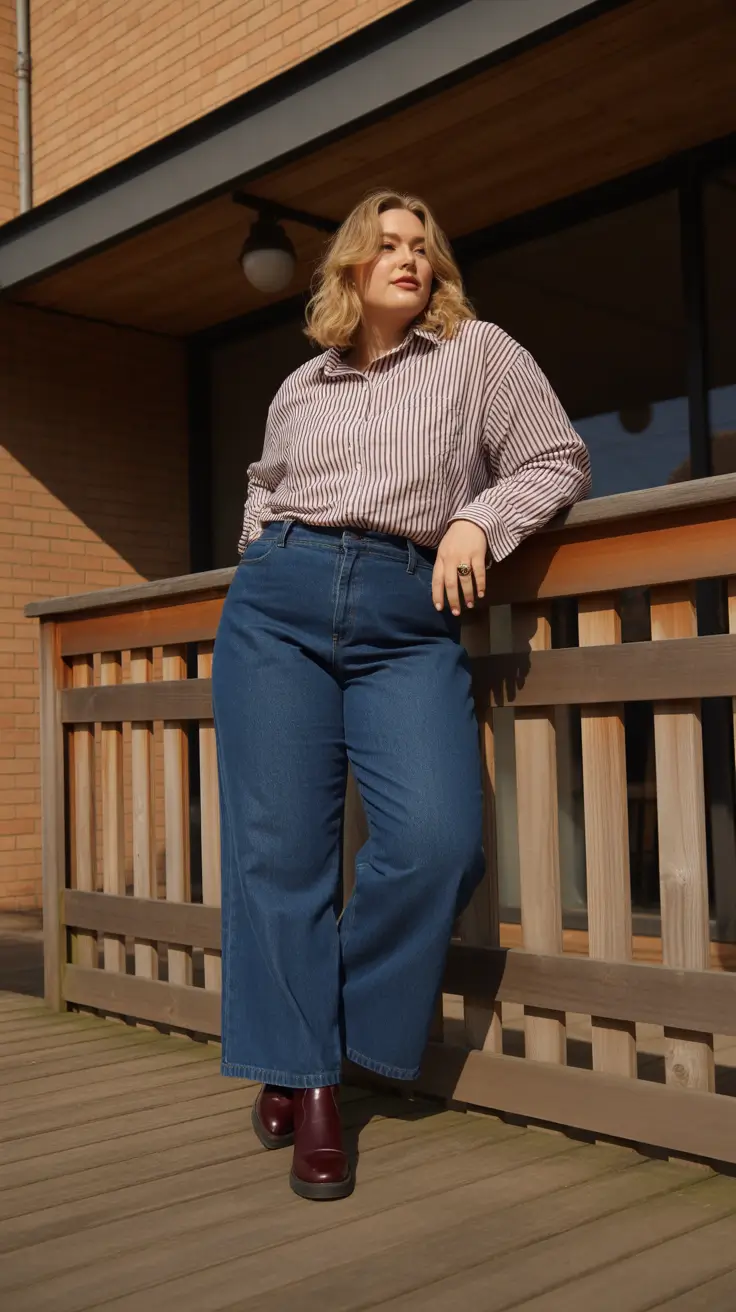 Plus-size outfits for women 2026 - Striped Oxford And Wide-Leg Jeans With Cherry Boots