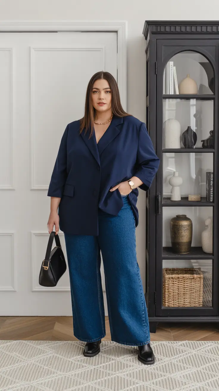 Plus-size Outfits For Women 2026 - Navy Blazer With Wide-Leg Denim Confidence