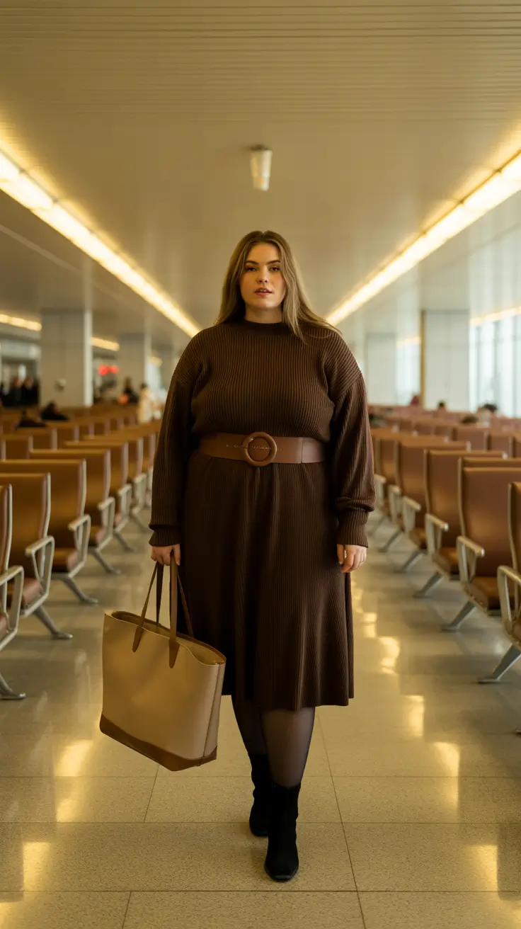 Plus-size Outfits For Women 2026 - Chocolate Knit Dress With Waist-Cinching Belt