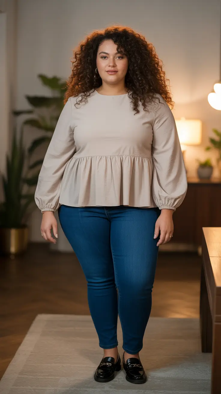 Plus-size Outfits For Women 2026 - Soft Peplum Top And Clean Indigo Skinnies