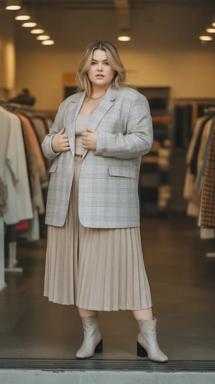Plus-size Outfits For Women 2026 - Pleated Midi With Heritage Check Blazer