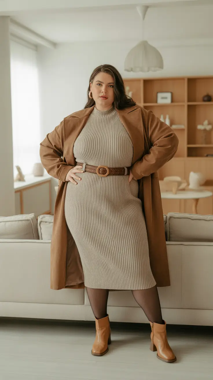 Plus-size outfits for women 2026 - Ribbed Midi Knit With Caramel Coat And Belt