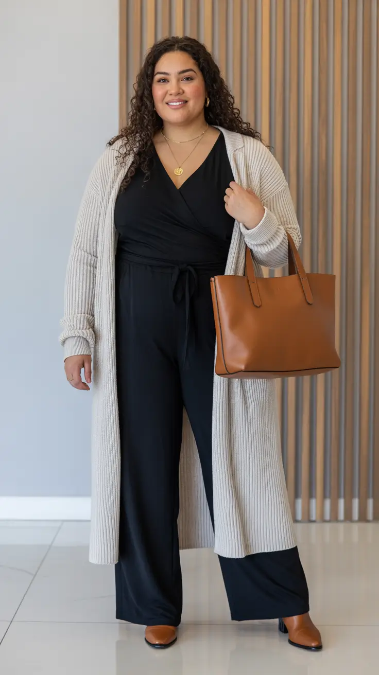 Plus-size Outfits For Women 2026 - Black Jumpsuit And Long Cardigan, Tan Accents