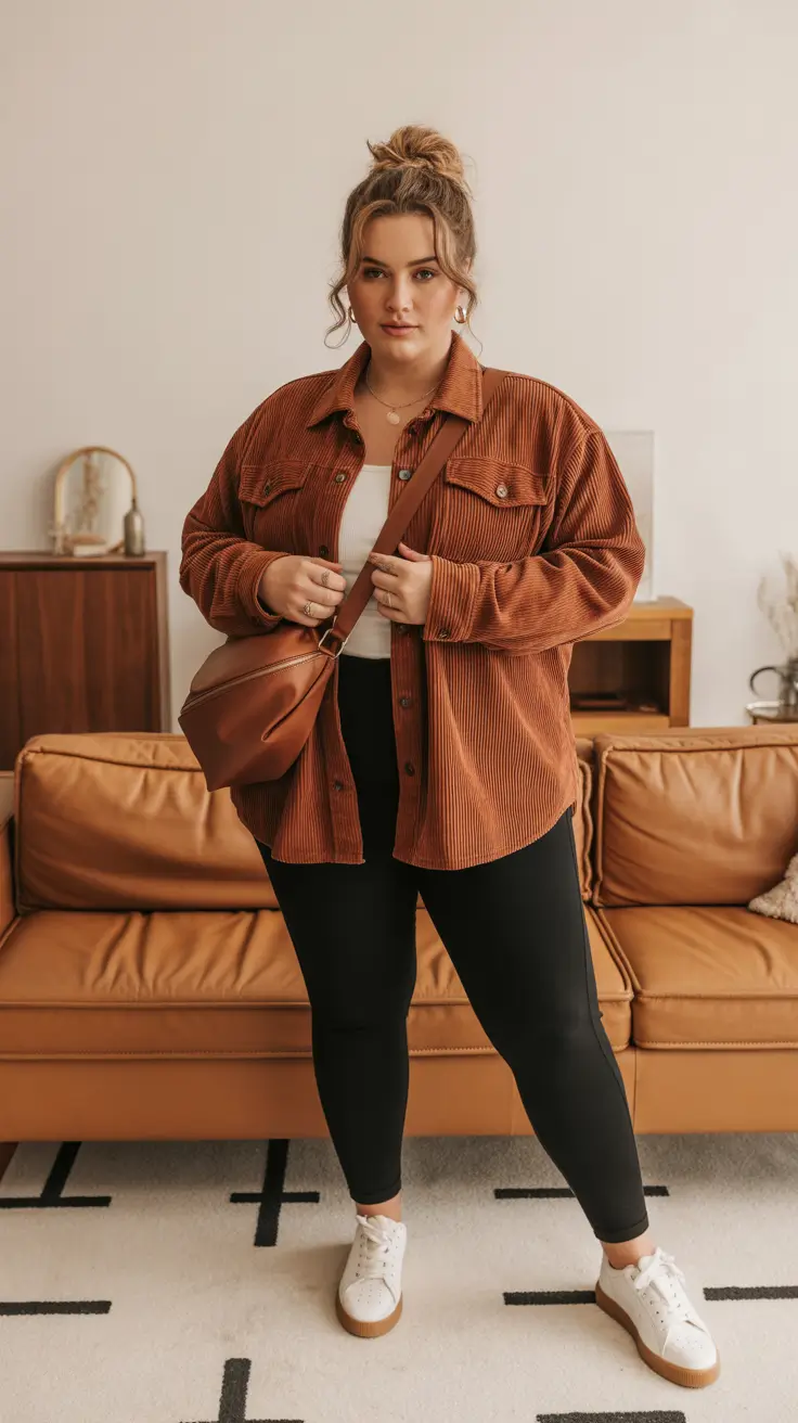 Plus-size outfits for women 2026 - Corduroy Overshirt, Leggings And Sneakers Weekend