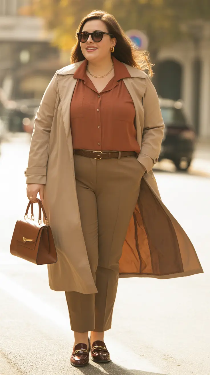 Plus-size outfits for women 2026 - Terracotta Shirt, Tailored Pants And Trench