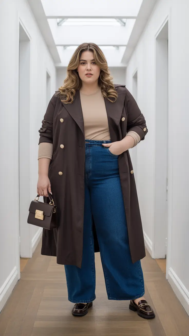 Plus-size outfits for women 2026 - Chocolate Trench With Wide-Leg Denim Ease