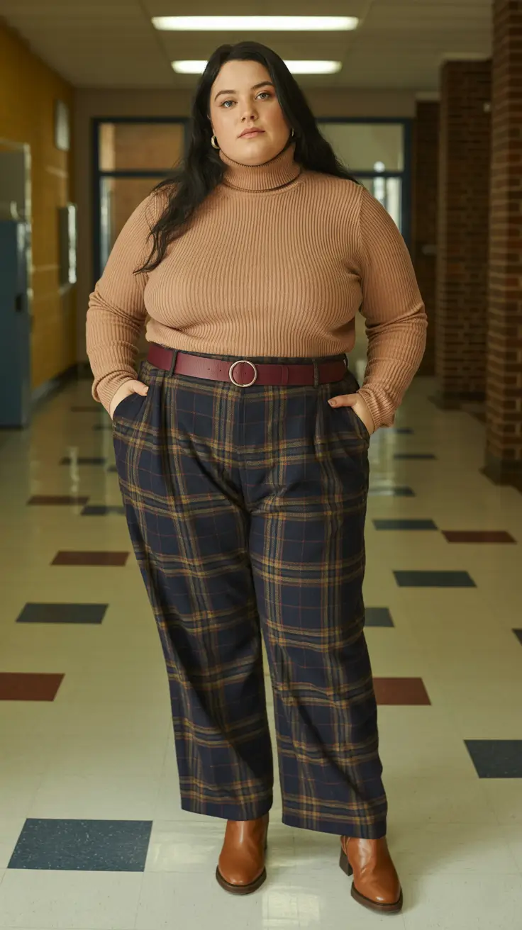 Plus-size Outfits For Women 2026 - Toffee Turtleneck With Plaid Trousers
