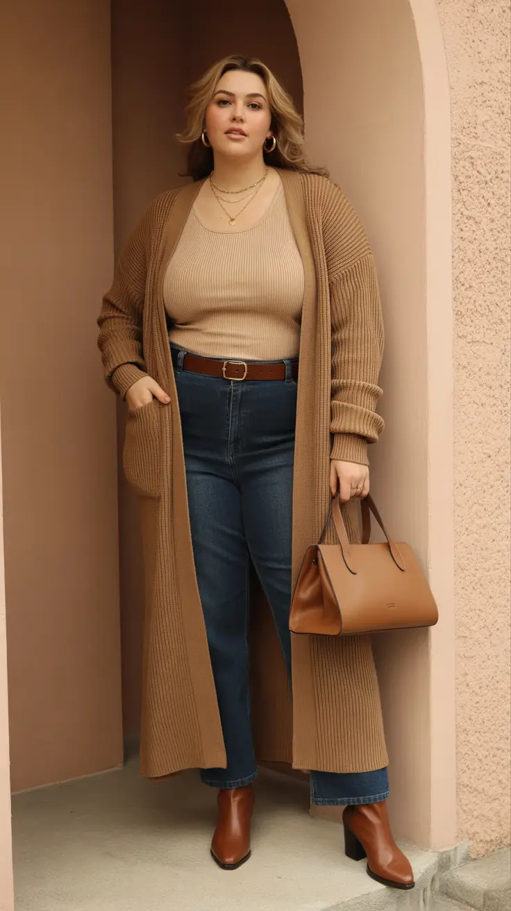Plus-size Outfits For Women 2026 - Monochrome Caramel Knit With Long Cardigan
