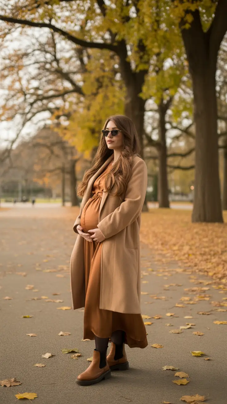 Stylish pregnancy outfits 2026 Warm Camel Tones For Golden Autumn Walks