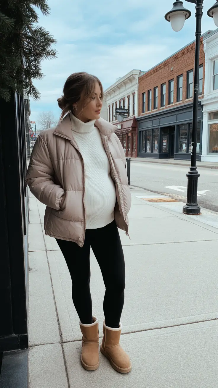 Stylish Pregnancy Outfits 2026 Warm Puffer Layers For Everyday Winter Errands